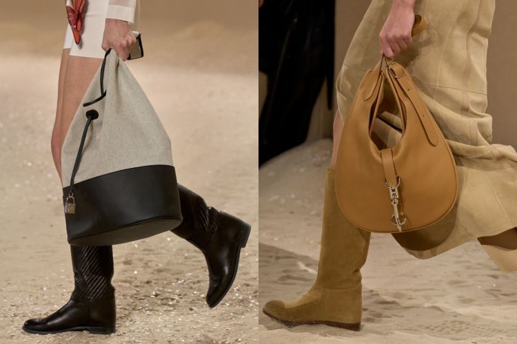 以馬蹄為靈感的圓弧包與極迷你的手袋，金屬鎖扣閃爍微光，搭配沉穩大地色皮革，在模特兒手中搖曳出自在的氣息。