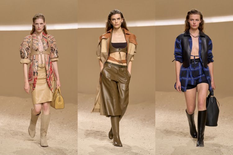 絲巾在 Hermès 的宇宙裡，從來不只是配件。本季，絲巾即興折疊成上衣、被皮革束胸固定，也能蜿蜒成雕塑感頸飾，在陽光下閃著細緻光澤，成為本季造型中的一大亮點。