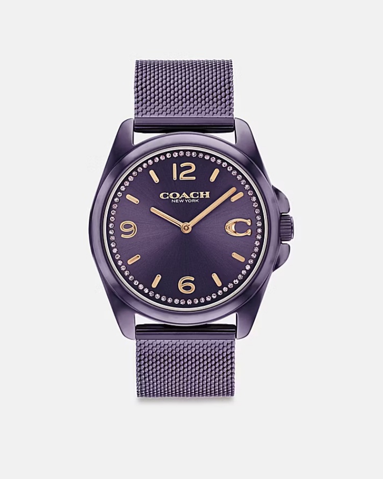 深紫藍色的 Greyson 帶著未來感的氣息，是 Coach 系列中最具「科技時尚」代表的一員。離子鍍膜錶殼搭配網眼錶帶，閃耀出冷冽金屬光澤；金色指針與時標在光線中顯得格外醒目。