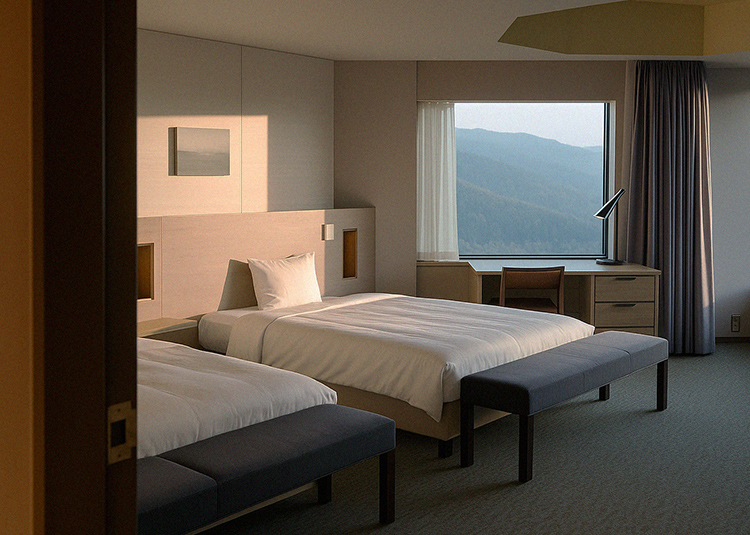 當清晨的第一縷光線灑進房內，遠方群山仍籠罩在薄霧之中，陽光自雲層間透出金色光影，映照出最寧靜的瞬間。