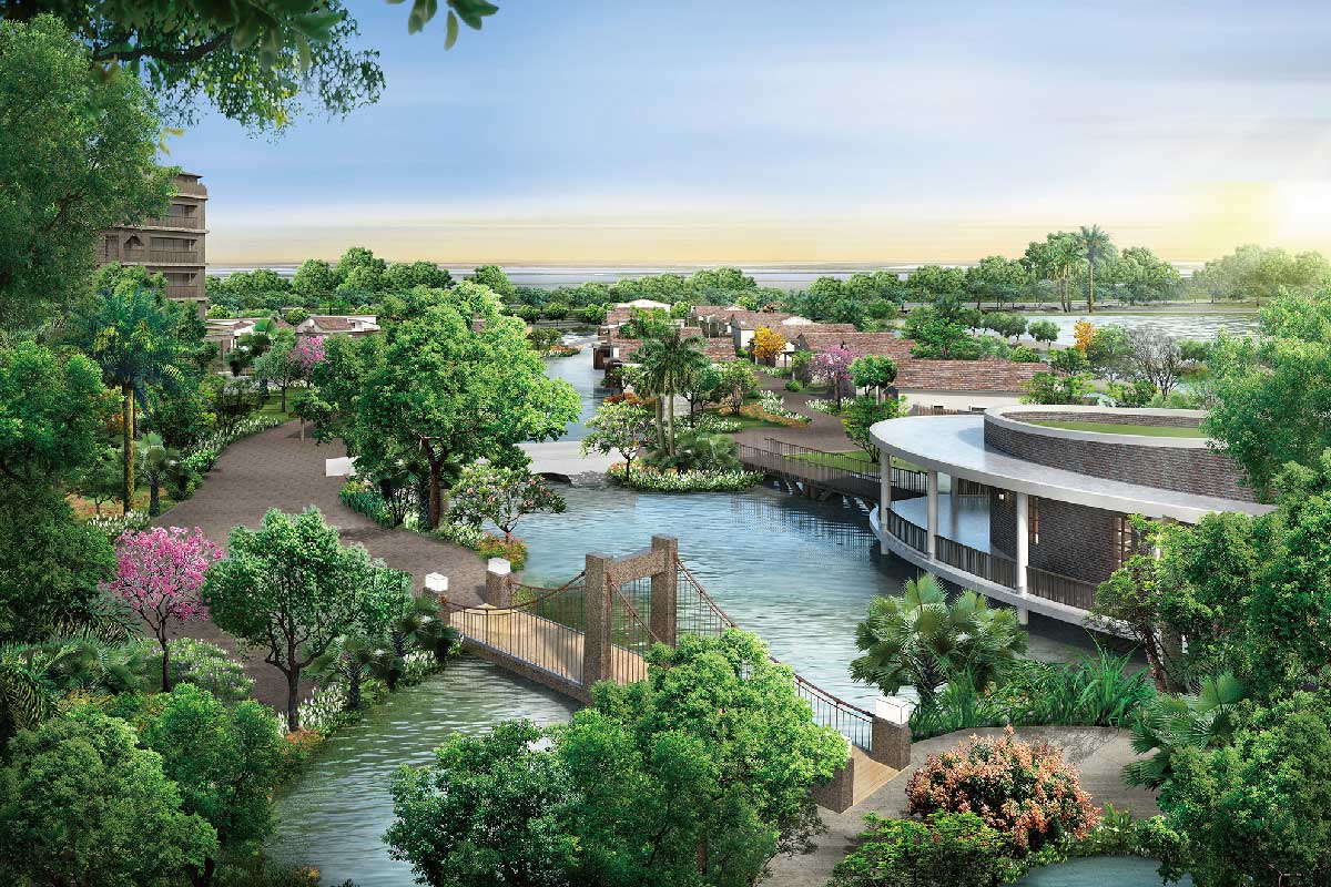 中央區主棟飯店將規劃 130 間客房,並設有會議室、酒吧、餐廳及無邊際泳池等機能空間。北區與南區合計 58 間獨棟別墅,包含單戶、雙併及三併等不同房型,皆設有獨立出入口與花園。設計上融入在地景觀語彙,轉譯安平蚵寮與魚簍等漁村意象,並透過蜿蜒水道串連各場域,讓入住者穿梭於綠意與水影之間,景致詩意盎然。