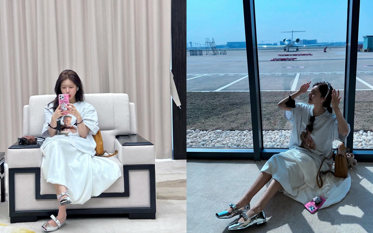 趙露思同樣運用 Oversize 的款式為主角，但這次的面料是更為春夏、柔軟的材質，她在下身的部分選擇以絲質長裙做搭配，並用銀色芭蕾舞鞋做點綴，整體優雅又不失個性的風格