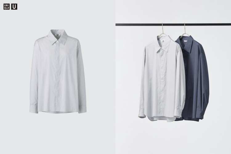 寬鬆剪裁搭配圓弧下襬與側邊開衩，動起來自然流暢，寬角領與隱藏鈕扣設計，讓整體更顯俐落乾淨。