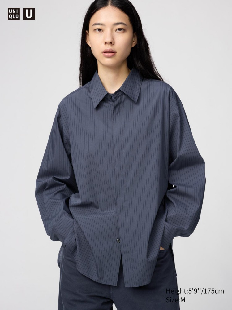 來自U系列這款垂墜風襯衫,以柔滑布料結合低對比細條紋,營造出細膩的層次感與微光澤。