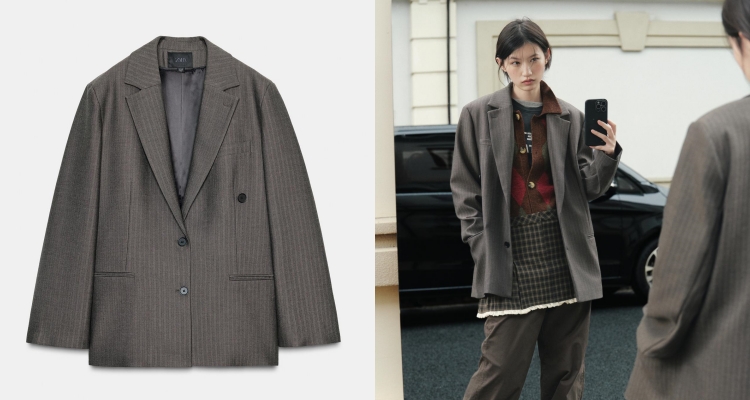 Zara這件細條紋Oversize排釦西裝外套，可說是完美結合了經典英倫與現代感。細膩的條紋設計，不僅為整體增添低調的質感與層次感，還能有效修飾身形、拉長比例，讓人看起來更纖瘦。