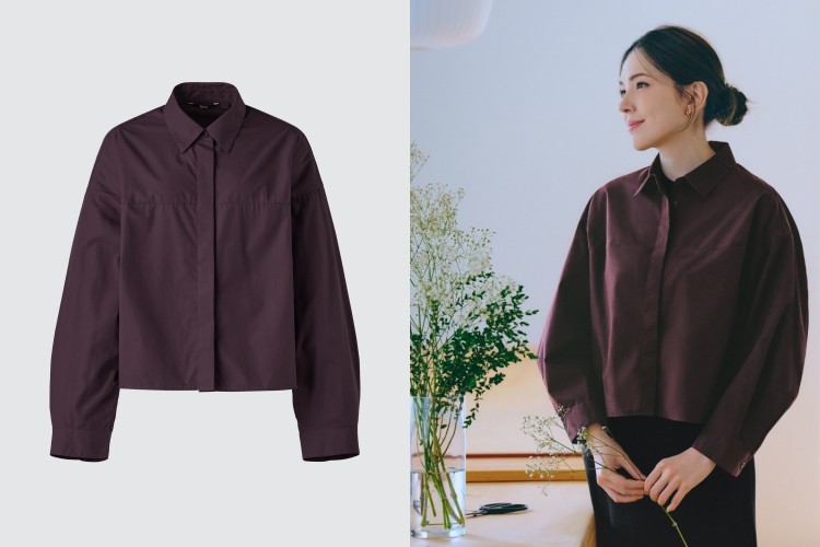 Uniqlo C系列短版襯衫採用輕盈卻挺括的府綢面料，兼具透氣與支撐結構感。短版剪裁自然修飾腰線，讓比例瞬間拉長，展現顯瘦效果。寬