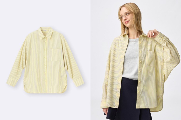 來自GU的蝙蝠袖條紋襯衫，以輕盈棉質打造，經過特殊表面加工，呈現柔軟觸感與自然皺褶感，穿起來既舒適又帶點復古氣息。