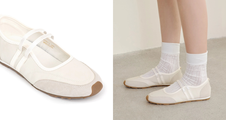 除了傳統的芭蕾舞鞋輪廓外，如今也出現了一股新趨勢—在優雅外型中融入符合人體工學的機能設計。讓時髦與舒適得以並存。像是D+Af推出的這雙白、灰色系交織的機能型芭蕾平底鞋，便以柔韌的環保膠底設計，為穿者帶來良好的彎曲性與支撐力。