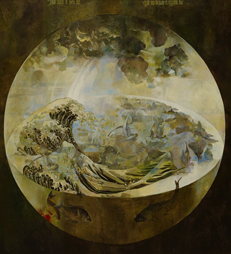 展覽從他早期融合畢卡索與浮世繪風格的創作揭開序幕，延伸至對達文西、林布蘭等古典大師的再詮釋。這些作品以傳統油畫技法為基礎，透過視覺拼貼與跨文化挪用，重新編排藝術史中的經典圖像。畫面中，不同文化語境彼此對話，不僅挑戰觀眾對藝術分類的既定印象，也激發對文化、歷史與創作關係的省思。