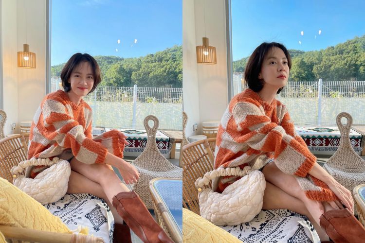 這套造型以一件橘白相間的粗針織毛衣為主角，色彩亮眼卻不浮誇，第一眼就帶出溫暖又減齡的活力感。