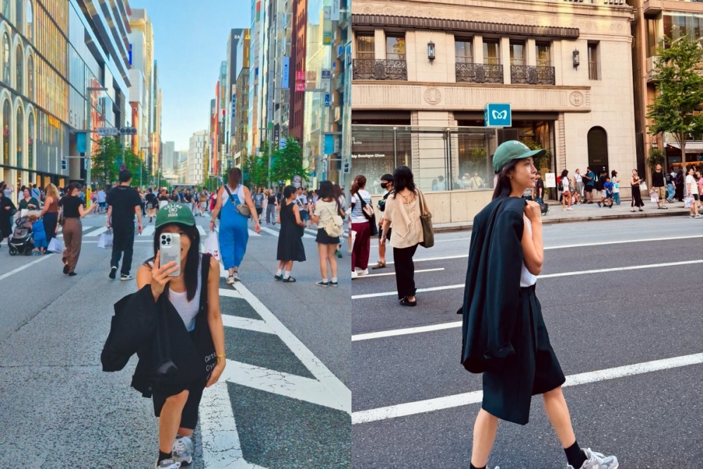 在一次東京旅遊中，河智苑運用一套「休閒正裝」打造年輕感！