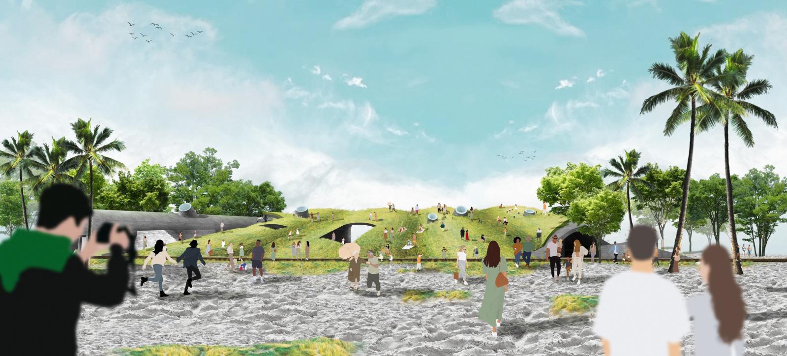 本次旗津海水浴場建築與環境營造統包工程最大的亮點之一，即是大量綠化的導入。工程將拆除既有老舊設施，並在海水浴場園區打造兩座（A、B 棟）全新的低層綠洲建築。以「沙丘、綠洲、海洋」為設計意象，屋頂採用綠坡造型，與沙灘自然銜接，為海水浴場形塑詩意的天際線。