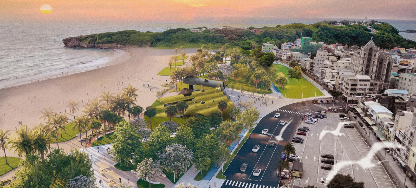 本次旗津海水浴場建築與環境營造統包工程最大的亮點之一，即是大量綠化的導入。工程將拆除既有老舊設施，並在海水浴場園區打造兩座（A、B 棟）全新的低層綠洲建築。以「沙丘、綠洲、海洋」為設計意象，屋頂採用綠坡造型，與沙灘自然銜接，為海水浴場形塑詩意的天際線。