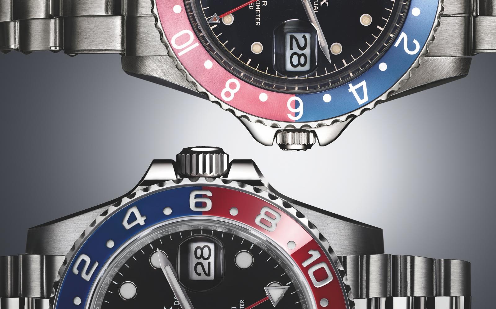 GMT-Master II,不銹鋼,紅藍雙色字圈,1959年,型號1675(上)及 GMT-Master II,蠔式鋼,紅藍雙色字圈, 2018年,型號 126710 BLRO(下)。