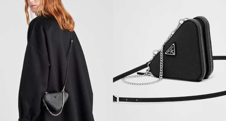 這款Prada迷你包，採用經典的雙層Saffiano防刮皮革製作，輪廓設計靈感來自標誌性的三角形Logo盾牌。包身搭配品牌標誌性的琺瑯金屬三角徽章，增添質感與辨識度。