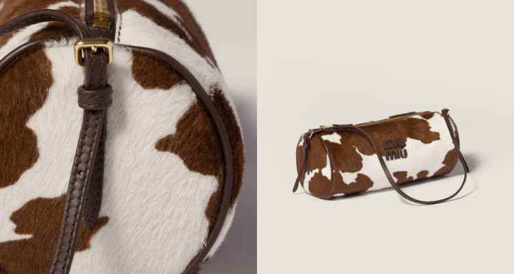 這款以經典乳牛圖案打造出強烈視覺焦點的皮革圓筒小包，可愛又搶眼，瞬間提升整體造型的趣味感，展現出率性又有個性的時髦態度。