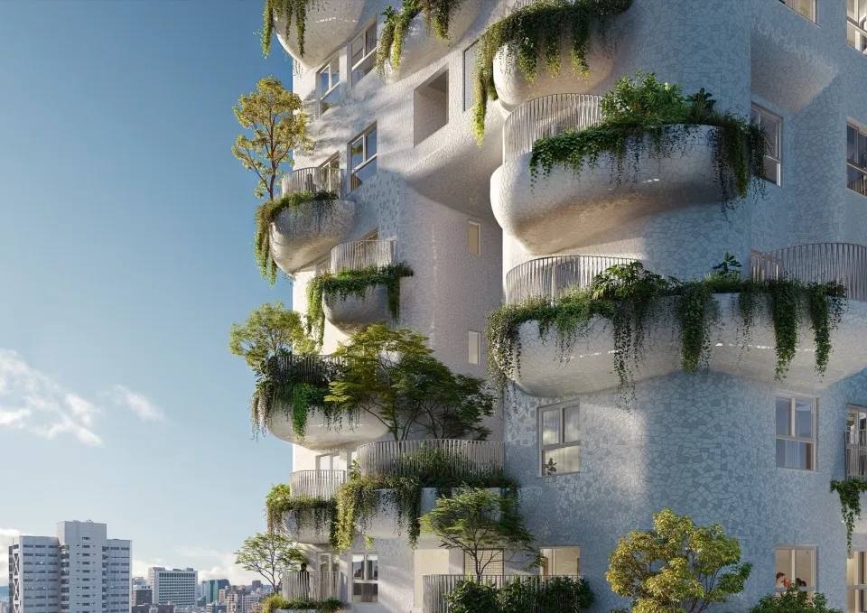 值得注意的是，其立面的設計靈感取自於西班牙建築大師「高第」Antoni Gaudí（安東尼·高第），擷取不規則陶瓷馬賽克磚的表面裝飾，將其揉入於立面設計上，同時增加戶外空間與綠化，頂樓同時設有共享花園露台，環繞著分層綠冠，其內部為住戶提供多功能共享空間，營造開闊的氛圍。