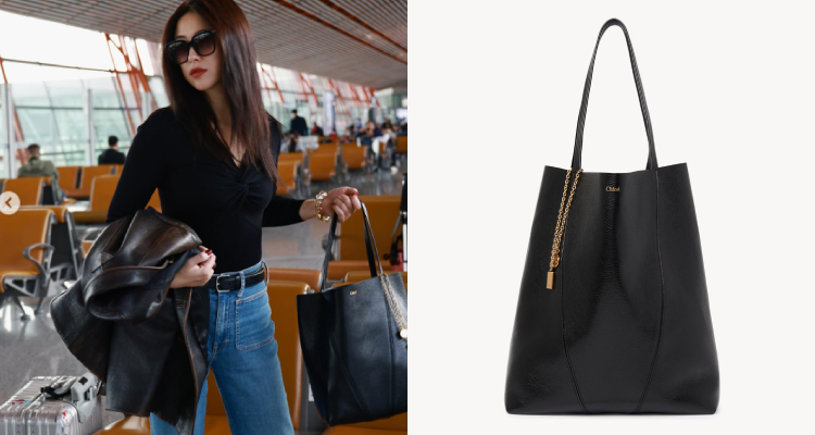 朱珠在機場穿梭時，選擇了這款來自Chloé的「Spin」托特包款。鬆軟的皮革材質與流暢造型，不僅輕巧舒適，也十分適合像她這般忙碌的旅程，兼顧了實用性與時尚感。