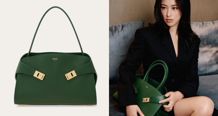 Ferragamo的「Hug」包款名稱，靈感或許來自人們渴望擁抱這件精緻配件的情感；其設計巧思，則源於兩側如手臂環抱的皮革造型，並搭配可調式Gancini釦環，兼具美觀與功能性。