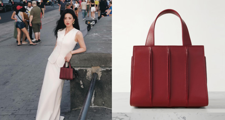 這一來自Max Mara的「Whitney」包款，近期真的非常火紅啊〜已在網路上看見不少女星私下都被拍到揹著它出門，朱珠也毫不例外地展現了她對這款經典包的喜愛。在國外的活動上，她選擇了酒紅色調的款式，深具韻味。