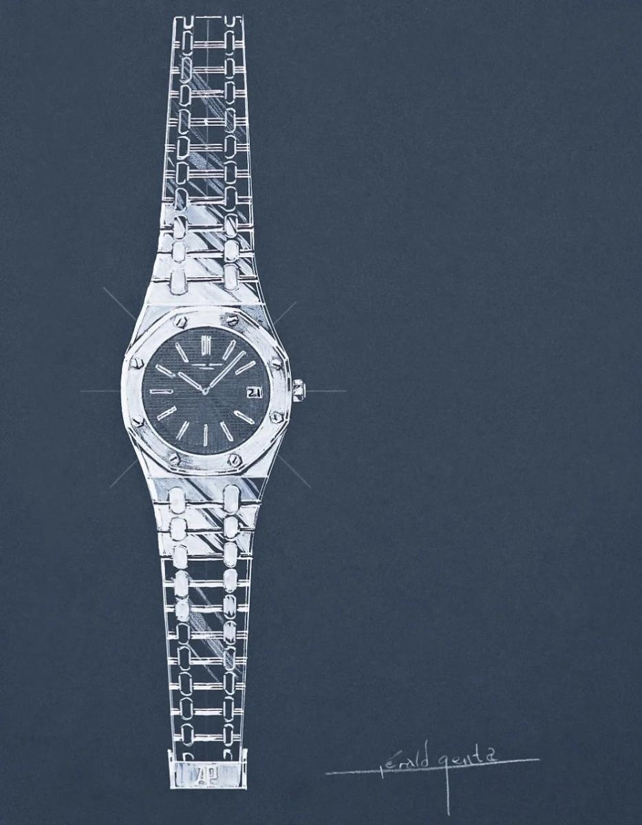 應 Audemars Piguet 愛彼之邀，設計師 Gérald Genta 於1970年4月10日至11日夜間，以不透明水彩和鉛筆，於硬紙板上繪製了皇家橡樹腕錶的第一幅草圖，其中已包含了腕錶的所有基本特徵。© Gérald Genta Heritage Association.
