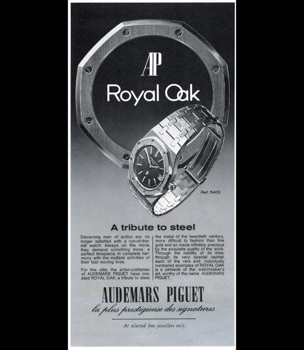 1972年，皇家橡樹腕錶廣告；廣告圍繞著「鋼」這個主題展開，其圖形設計也呼應了錶圈的八角形輪廓。© Audemars Piguet Archives