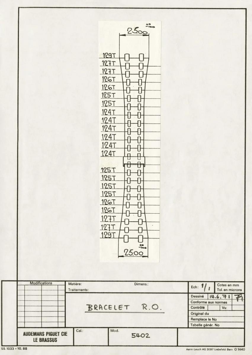 1971年，第一款皇家橡樹腕錶錶鍊上的鉚釘草圖。© Audemars Piguet Archives