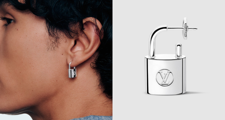 這款「Lockit」銀製耳環，以簡約、率性，且中性的俐落設計向，Louis Vuitton的永恆標誌致敬、細緻還原經典掛鎖造型。主飾上細膩雕琢的LV Circle標誌更為整體增添獨特識別度，使這件珠寶作品在內斂中散發不凡的品牌格調。