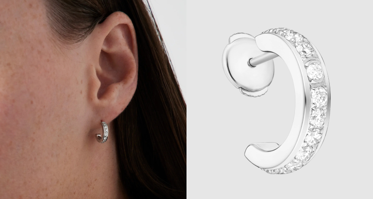 這款Piaget「Possession」中性白K金單邊耳環，可依心情與造型每日自由變換配戴方式，無論成對配戴、單邊點綴，或與同系列的三排耳環相互混搭，都能展現截然不同的風采。