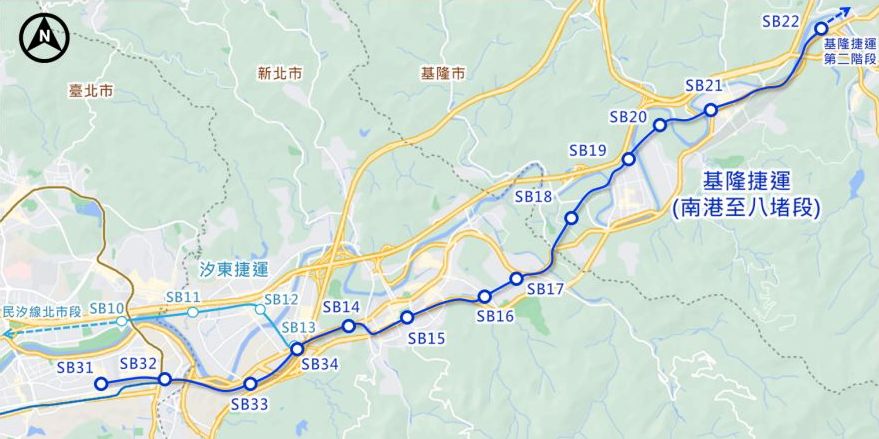 細看基隆捷運的設站規劃，未來將設置 13 個車站，由 SB22 站（台鐵八堵站）起，經過 SB21 站（七堵）、SB20 站（六堵）、SB19 站（百福）、SB18 站（北五堵）、SB17 站（保長坑 1）、SB16 站（保長坑 2）、SB15 站（汐止區公所）、SB14 站（汐科）、SB13 站（樟樹灣）、SB33 站（南陽大樓）、SB32 站（南港展覽館）、SB31 站（南港）。