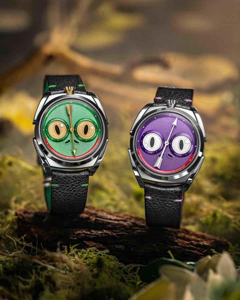Unfrogettable 青蛙公主堪稱今年最具「角色靈魂」的聯名腕錶。它不依附任何既定 IP，而是把俄羅斯童話的魔法、日本文化的象徵意義，以及製錶大師 Konstantin Chaykin 標誌性的怪趣美學揉成一個全新角色。左右眼盤分別顯示小時與秒鐘，隨時間轉動，彷彿青蛙正以自己的節奏打量世界；中央的箭形分鐘針則像一條敘事線，牽引時間向前。細節中也藏著幽默巧思——錶「冠」特別設於12點方向（畢竟她是公主），讓整體更具角色設定感。五級鈦金屬錶殼借鑑武士盔甲線條，搭配日本 Himeji Kurozan 皮革錶帶，並以 Urushi 漆藝呈現深邃光影質感；面盤則推出紫羅蘭與森林綠兩色，各限量178枚，分鐘圈上的紅色區段更刻上「Louis Erard ❤️ Konstantin Chaykin」，低調標記這段創意情誼。其背後的文化寓意同樣動人——在日本，「青蛙」與「回歸」（Kaeru）同音，象徵平安返家，也象徵生命從迷失回到平衡。因此，這不只是一枚俏皮腕錶，而是一個能陪你一起前行、一起成長的角色；每次抬腕，都像聽見青蛙公主輕聲提醒：變化不可怕，因為你始終能走回自己的步伐。