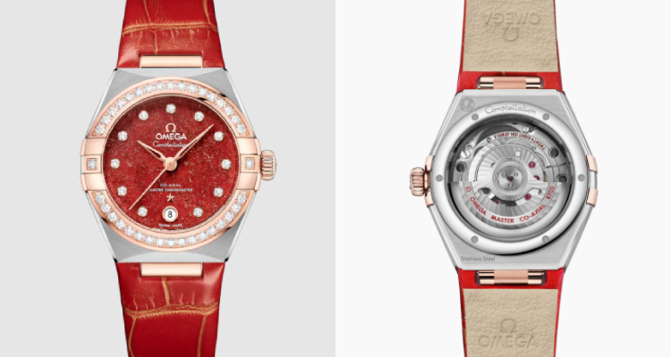 「Constellation」星座系列向來是Omega極具標誌性的代表作之一。本次也因應新年所推薦的鑲鑽紅色腕錶，採用溫潤的玫瑰金錶殼，搭配上帶有月球表面紋理感的紅色鑲鑽面盤，在細膩奢華與原始寶石質感之間取得巧妙平衡，呈現出歷久彌新的雋永設計美學，也成為新年開運紅錶中，格外引人注目的焦點。