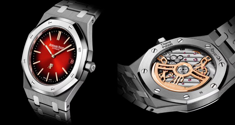 Audemars Piguet經典「Royal Oak」皇家橡樹系列旗下的「Jumbo」超薄腕錶，以煙燻酒紅色錶面展現低調而深邃的魅力，搭配極為輕盈的鈦金屬錶殼，以及塊狀金屬玻璃打造的錶圈與錶帶鏈節，為整體設計注入前衛質感與細膩層次。