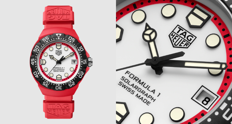 TAG Heuer「Formula 1」全新腕錶，採用鮮豔紅色錶殼，一眼就能抓住目光，其尖端太陽能技術的運用，不僅環保又充滿科技感。