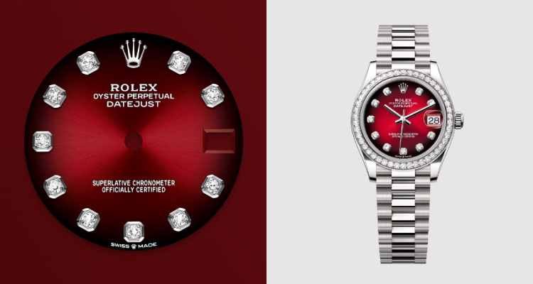 果你正在尋找一款兼具復古外觀與現代性能的腕錶，那麼製錶史上最重要的系列名作—Rolex「Datejust」，絕對值得參考。錶框上的凹凸刻面在光線下閃耀，如晨曦初透般迷人，而年度最新款則以18K白金打造，搭配漸變紅色鑲鑽錶面，讓錶盤在不同角度下折射出溫潤而高貴的紅色光芒，散發低調卻奢華的氣質。