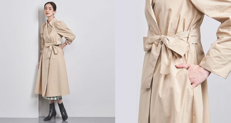 這件女性風格的United Arrows戰壕風衣，版型真的很有意思！泡泡袖搭配適中的大領片，從背面看比例也剛剛好，簡單中帶著一種幹練感。