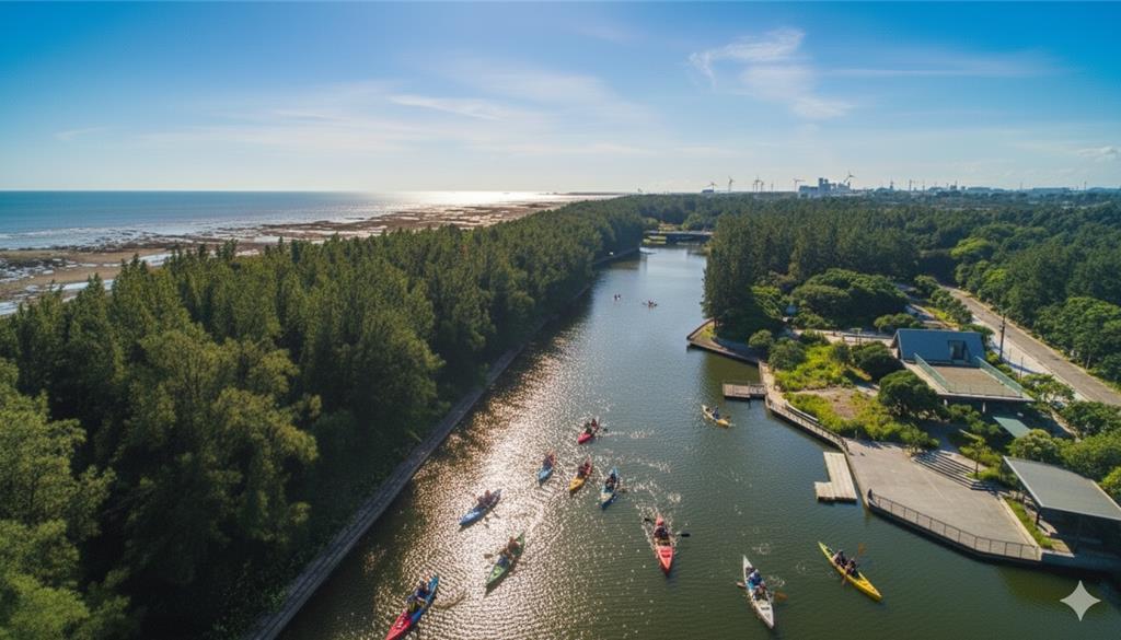 坐落於桃園市新屋區永安漁港北岸的「後湖溪」，全長約 1.3 公里，因不易受到東北季風與潮汐影響，水面平穩且安全，呈現少見而靜謐的海河景致。在市政府推動的「珍珠海岸計畫」下，規劃打造「後湖溪生態園區」，設置多元親水空間，例如碼頭設施、水域遊憩體驗（如泛舟、SUP 等）、親子友善區與休憩場域。不僅能體驗划槳樂趣，也能漫步河畔，欣賞紅樹林生態。