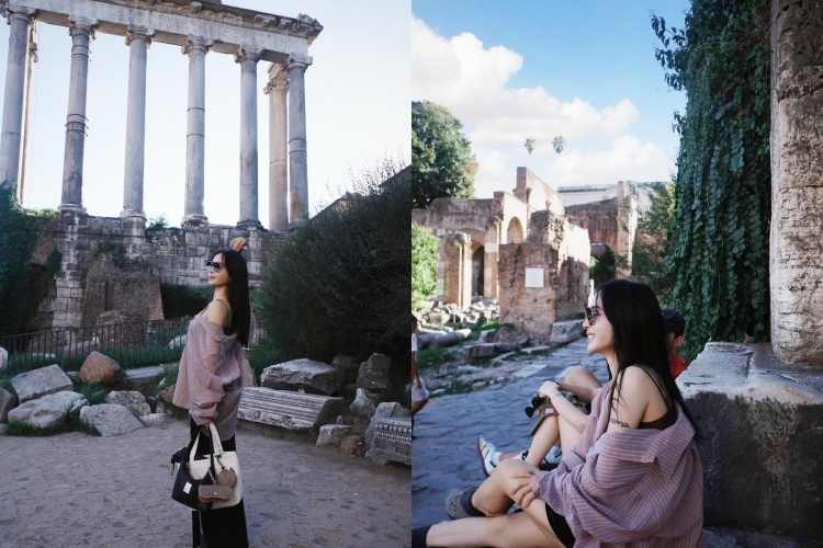 這套旅行感十足的造型，重點不在單品本身，而在「穿法」。寬鬆條紋透膚襯衫不扣滿、自然滑落肩線，營造出介於正式與休閒之間的曖昧狀態。墨鏡與勃肯鞋的加入，替整體注入一絲都會休閒感，也讓造型更有完成度。特別值得注意的是，蔡依林刻意保留黑色長洋裝的鬆弛狀態，沒有把線條收得太緊，反而讓整體顯得更輕盈、不拘謹。這類造型很適合踏青行程，既舒適，又能在鏡頭前保有街頭時髦度，是「看起來很會穿卻不費力」的最佳示範。