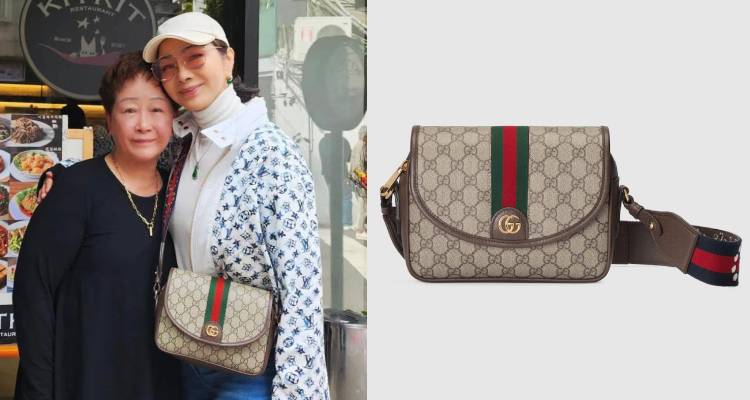 美鳳姐以簡單的街頭造型搭配Gucci「Ophidia」肩背包。這款屬於品牌長青系列，結合經典GG Logo帆布與標誌性的「綠-紅-綠 Webbing織帶」，辨識度極高，也不易受流行影響。