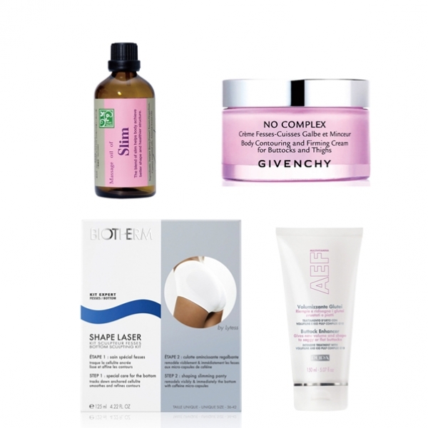 (由左上順時針)香草集窈窕專用按摩油100ml。GIVENCHY美臀霜150ml。BIOTHERM 曲線光彈力俏臀組125ml。PUPA彈力魔翹提臀凝乳150ml。
