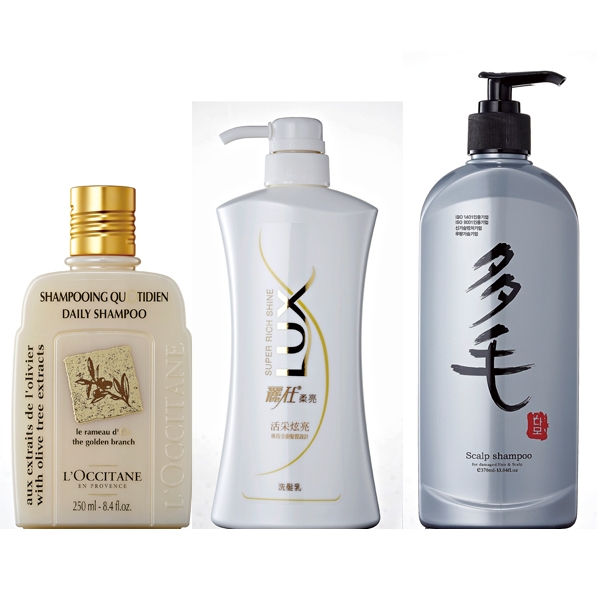 (由左至右)L'OCCITANE 橄欖洗髮乳250ml。C.LUX活采炫亮洗髮乳650ml。D.DAMO 多毛洗髮精370ml。